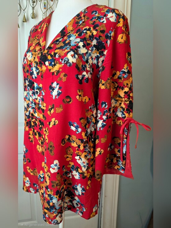 Lafayette 148 New York Tops - Lafayette 148 New York Sela Floral Print Silk Blouse Womens S Red 3/4 Bell Sleev